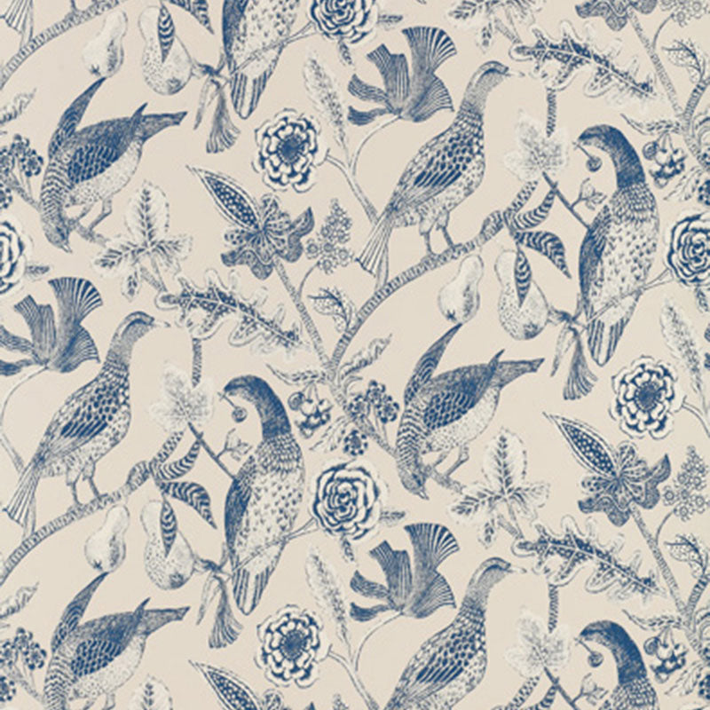 Katmandu Navy wallpaper with hand screen printed birds and floral pattern by Schumacher