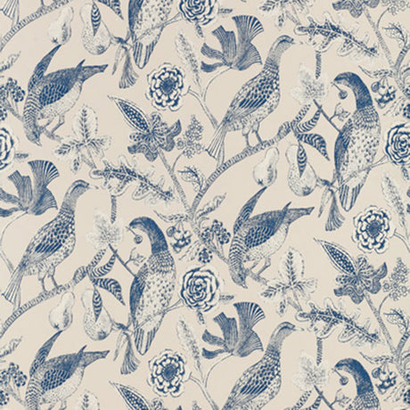 Katmandu Navy wallpaper with hand screen printed birds and floral pattern by Schumacher