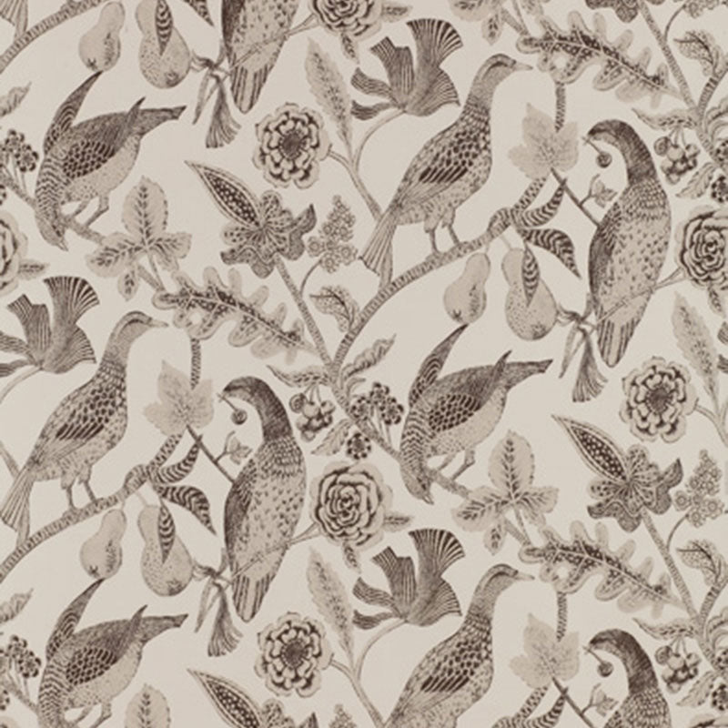 Katmandu Graphite wallpaper by Schumacher featuring hand screen printed birds and floral motifs in graphite on a light background.