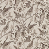 Katmandu Graphite wallpaper by Schumacher featuring hand screen printed birds and floral motifs in graphite on a light background.