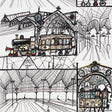 TRAINS wallpaper by Schumacher features whimsical, hand-drawn trains and train stations in multi-color on white background.