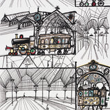 TRAINS wallpaper by Schumacher features whimsical, hand-drawn trains and train stations in multi-color on white background.