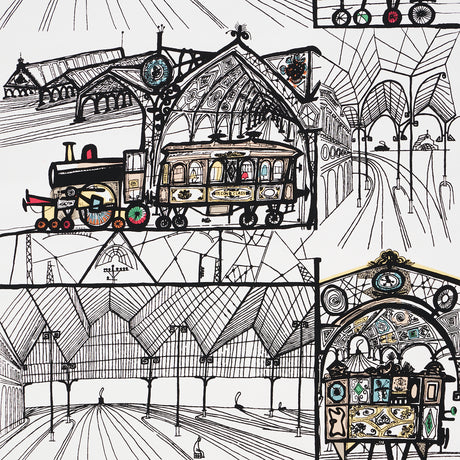 TRAINS wallpaper by Schumacher features whimsical, hand-drawn trains and train stations in multi-color on white background.