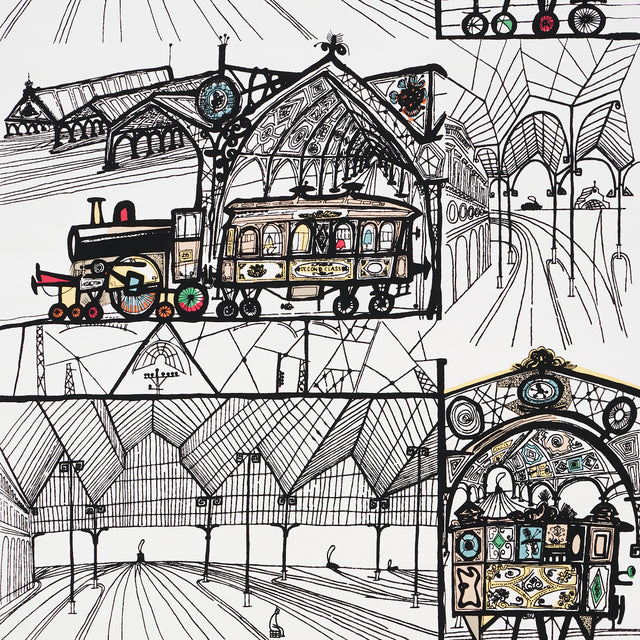 TRAINS wallpaper by Schumacher features whimsical, hand-drawn trains and train stations in multi-color on white background.