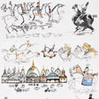 Whimsical multi-colored horses and carriages with architectural motifs on a white background wallpaper by Schumacher.