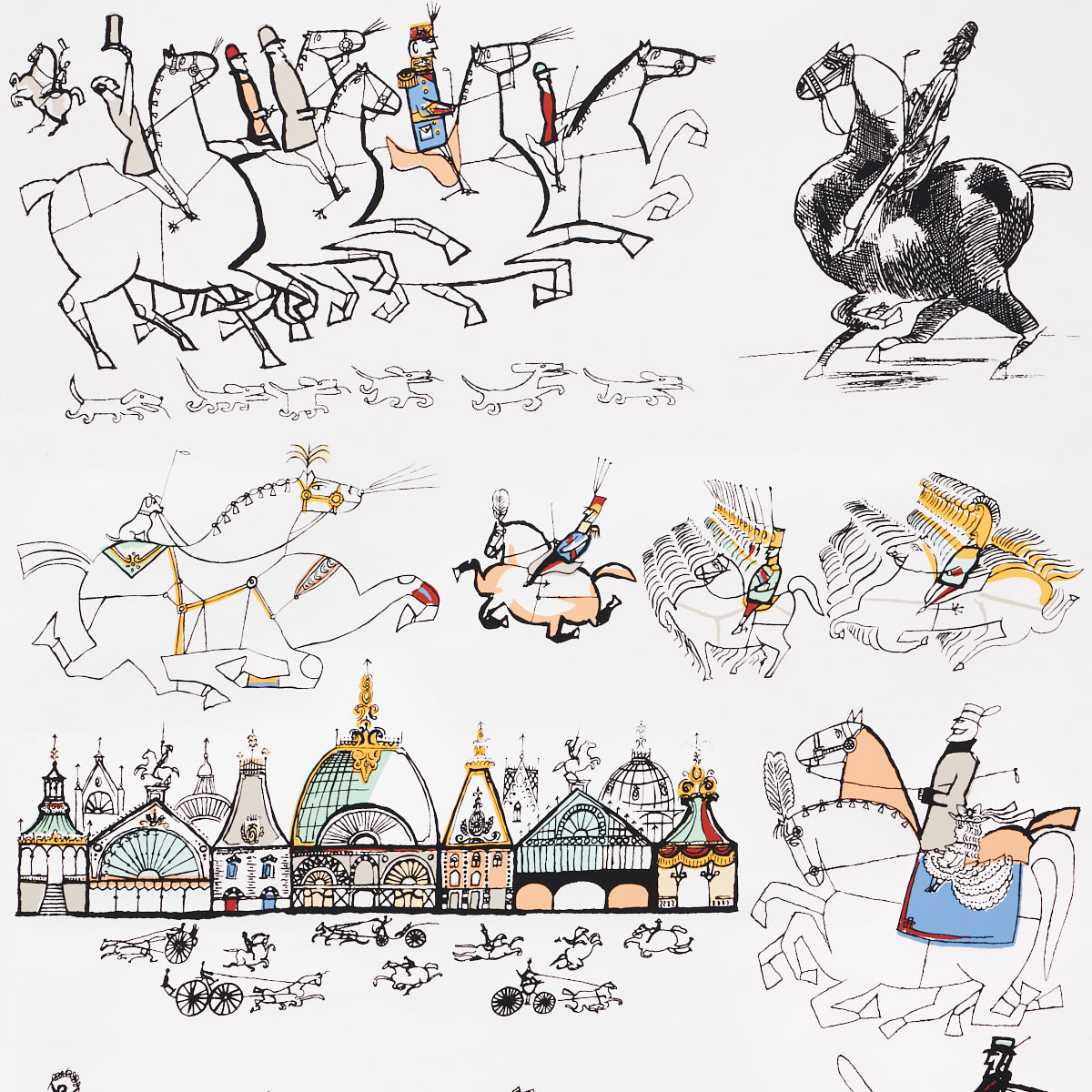Whimsical multi-colored horses and carriages with architectural motifs on a white background wallpaper by Schumacher.