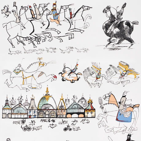 Whimsical multi-colored horses and carriages with architectural motifs on a white background wallpaper by Schumacher.