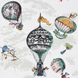 Colorful hot air balloons and clouds on a whimsical wallpaper design by Schumacher.