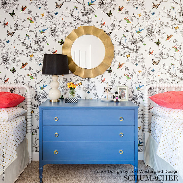 Birds & Butterflies Multi on White by Schumacher Whimsical Birds and Butterflies Wallpaper – Schumacher 2704420