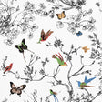 Birds & Butterflies wallpaper in multi on white, featuring whimsical birds and butterflies among black floral branches.