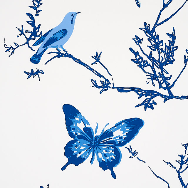 Birds & Butterflies Porcelain by Schumacher Painterly Blue Wallpaper – Flight of Fancy 2704421
