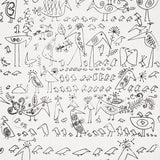 Aviary wallpaper by Schumacher featuring whimsical black line-drawn birds on a white background, inspired by Saul Steinberg's imaginative illustrations.
