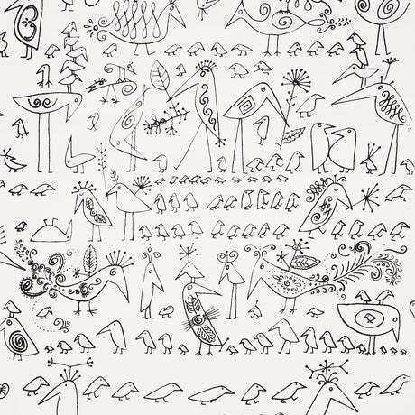 Aviary wallpaper by Schumacher featuring whimsical black line-drawn birds on a white background, inspired by Saul Steinberg's imaginative illustrations.