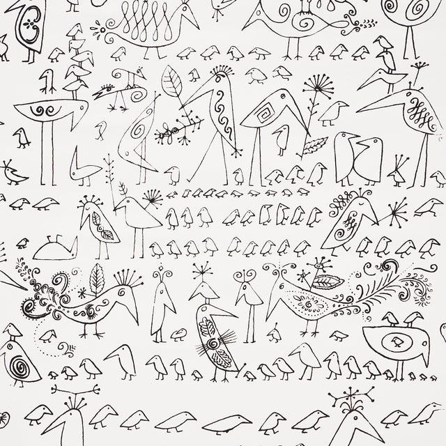 Aviary wallpaper by Schumacher featuring whimsical black line-drawn birds on a white background, inspired by Saul Steinberg's imaginative illustrations.