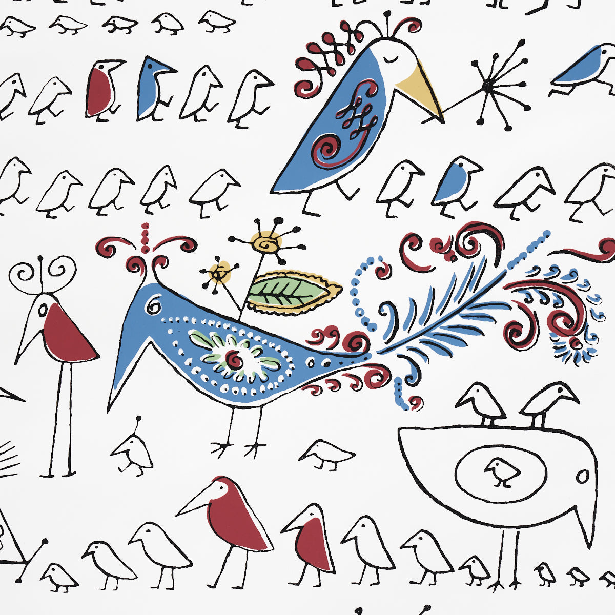 Aviary Multi on White Whimsical Bird Wallpaper – Schumacher 2705511