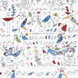 Aviary wallpaper by Schumacher featuring whimsical, colorful birds in a playful, hand-drawn style on a white background.