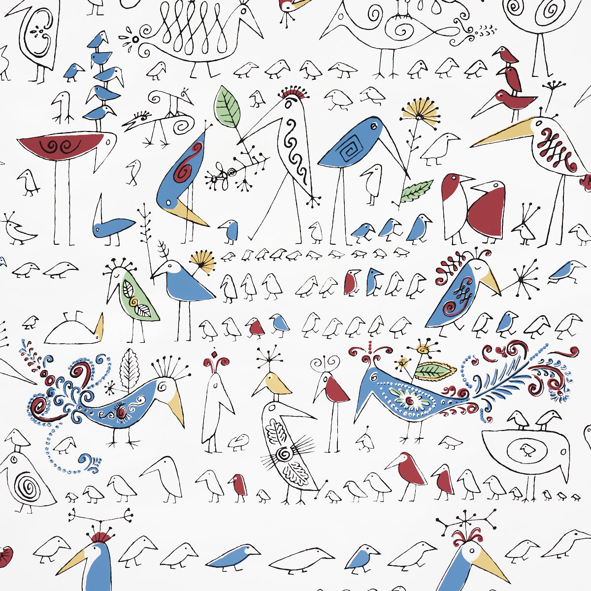 Aviary wallpaper by Schumacher featuring whimsical, colorful birds in a playful, hand-drawn style on a white background.