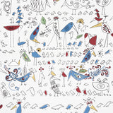 Aviary wallpaper by Schumacher featuring whimsical, colorful birds in a playful, hand-drawn style on a white background.