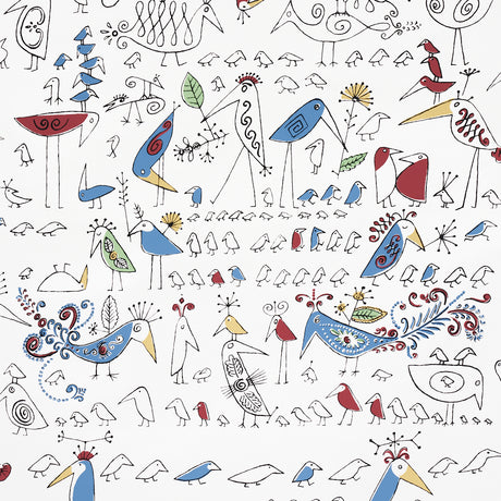 Aviary wallpaper by Schumacher featuring whimsical, colorful birds in a playful, hand-drawn style on a white background.