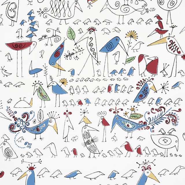 Aviary wallpaper by Schumacher featuring whimsical, colorful birds in a playful, hand-drawn style on a white background.