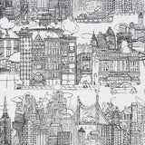 Black and white illustrated wallpaper featuring New York City buildings, bridges, and cityscape details.