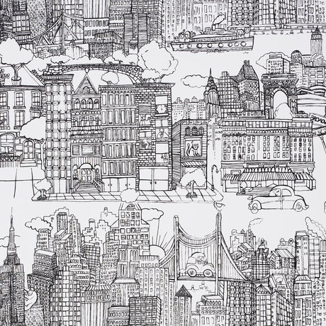 Black and white illustrated wallpaper featuring New York City buildings, bridges, and cityscape details.