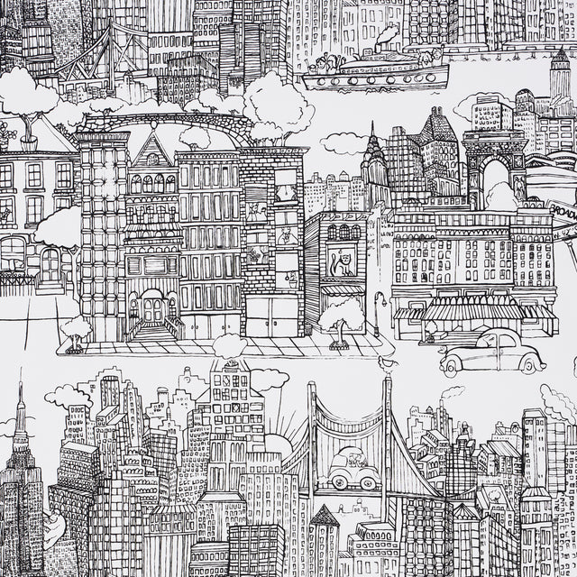 Black and white illustrated wallpaper featuring New York City buildings, bridges, and cityscape details.