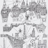 Hand-drawn black and white wallpaper featuring iconic Parisian architecture and city scenes, VIEWS OF PARIS by Schumacher.