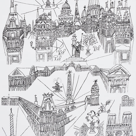 Hand-drawn black and white wallpaper featuring iconic Parisian architecture and city scenes, VIEWS OF PARIS by Schumacher.