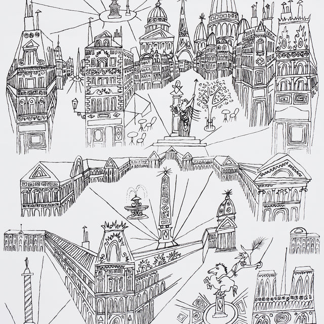 Hand-drawn black and white wallpaper featuring iconic Parisian architecture and city scenes, VIEWS OF PARIS by Schumacher.