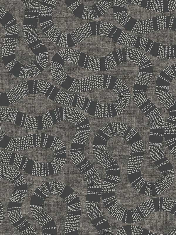 Antonina Vella Ophidia Black wallpaper with serpentine dotted bands on charcoal ground