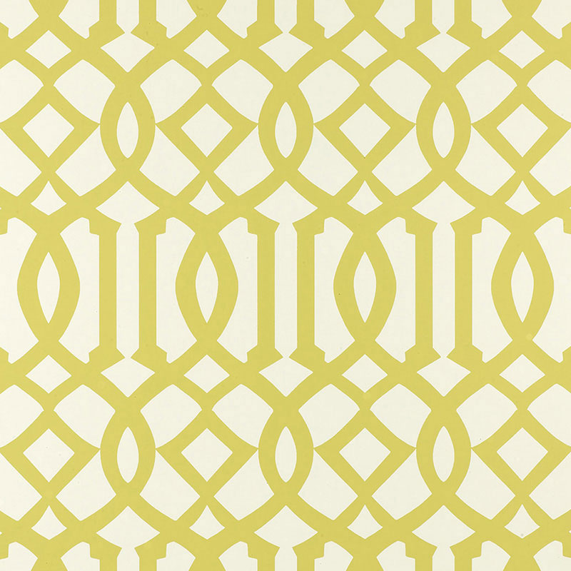 Imperial Trellis Citrine by Kelly Wearstler for Schumacher - iconic geometric trellis wallpaper in yellow and white, shown in styled interiors