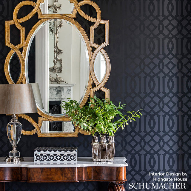 Imperial Trellis Onyx Gloss by Schumacher Hollywood Regency Geometric Wallpaper – Schumacher 2707215
