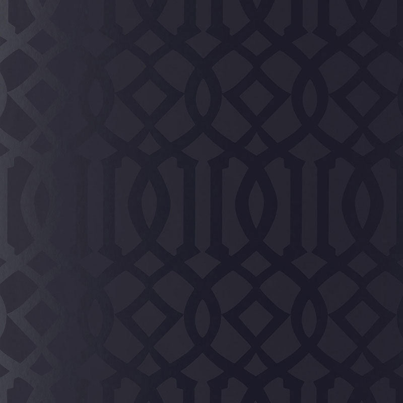 Imperial Trellis Onyx Gloss wallpaper by Schumacher, designed by Kelly Wearstler, featuring a bold geometric trellis pattern in a glossy black finish.