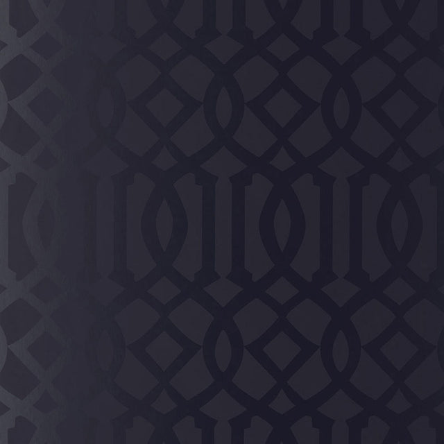 Imperial Trellis Onyx Gloss wallpaper by Schumacher, designed by Kelly Wearstler, featuring a bold geometric trellis pattern in a glossy black finish.