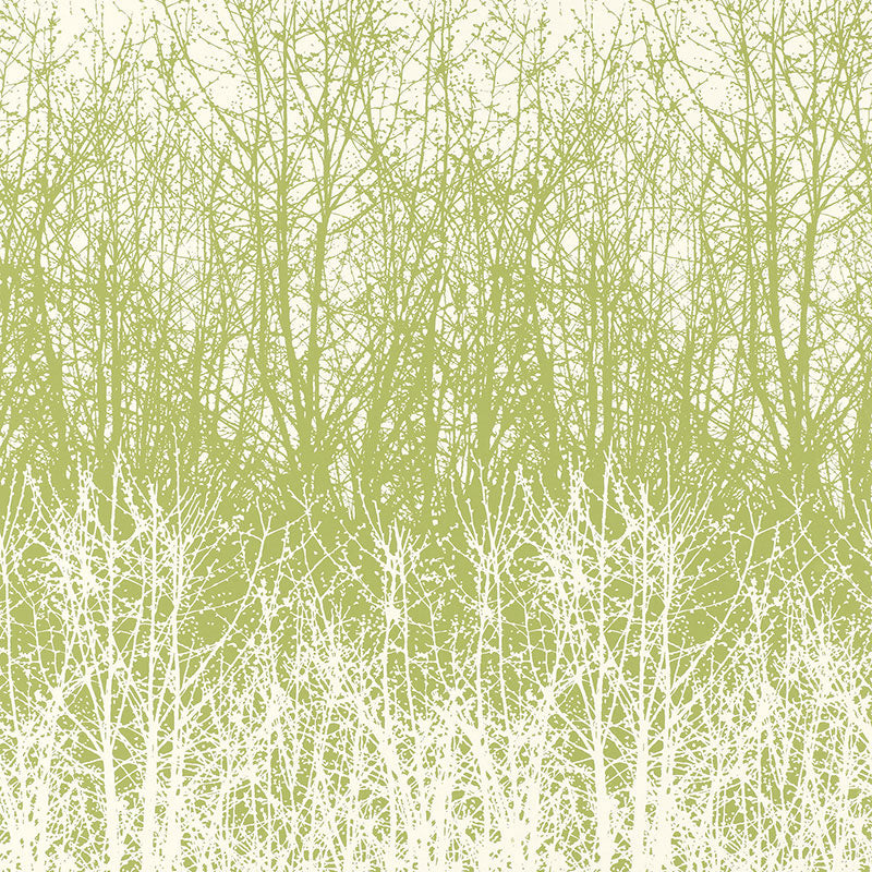 Birches wallpaper in Leaf/White by Schumacher, featuring a hand-screened forest tree pattern in green and white.