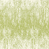 Birches wallpaper in Leaf/White by Schumacher, featuring a hand-screened forest tree pattern in green and white.