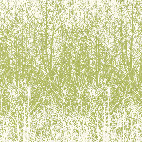 Birches wallpaper in Leaf/White by Schumacher, featuring a hand-screened forest tree pattern in green and white.