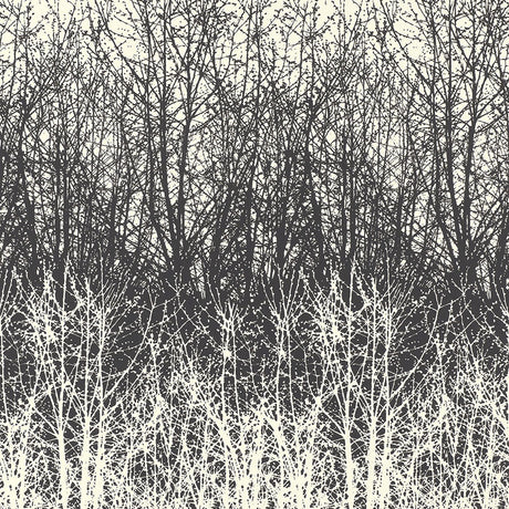 Birches wallpaper in black and white by Schumacher, featuring a hand-screened forest tree pattern.