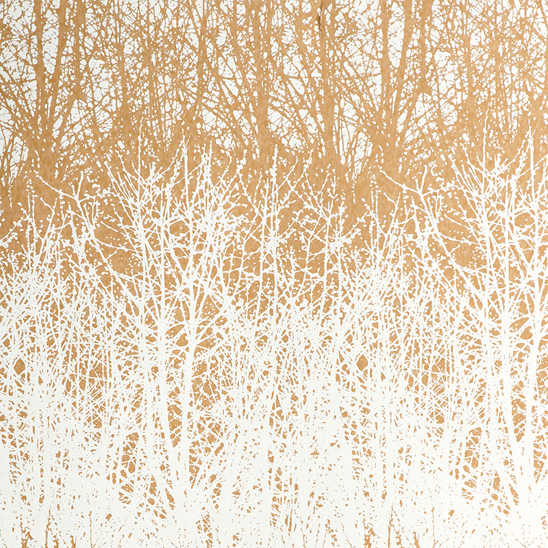 Birches tan and white hand-screened wallpaper with a forest tree pattern by Schumacher, styled in a living room setting.