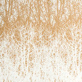 Birches tan and white hand-screened wallpaper with a forest tree pattern by Schumacher, styled in a living room setting.