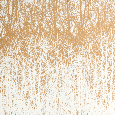 Birches tan and white hand-screened wallpaper with a forest tree pattern by Schumacher, styled in a living room setting.