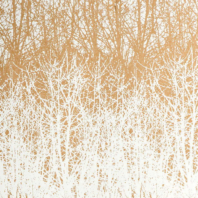 Birches tan and white hand-screened wallpaper with a forest tree pattern by Schumacher, styled in a living room setting.