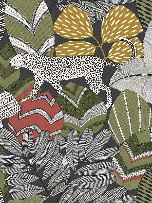 Antonina Vella Namiri Black wallpaper AB3112 with wildcat and tropical leaves