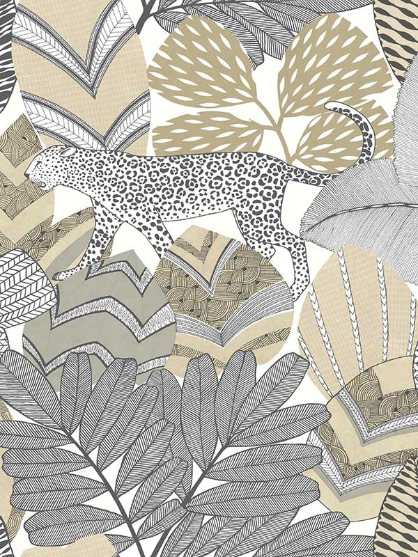 Antonina Vella AB3113 Namiri Neutral Wallpaper with wildcat and tropical leaves