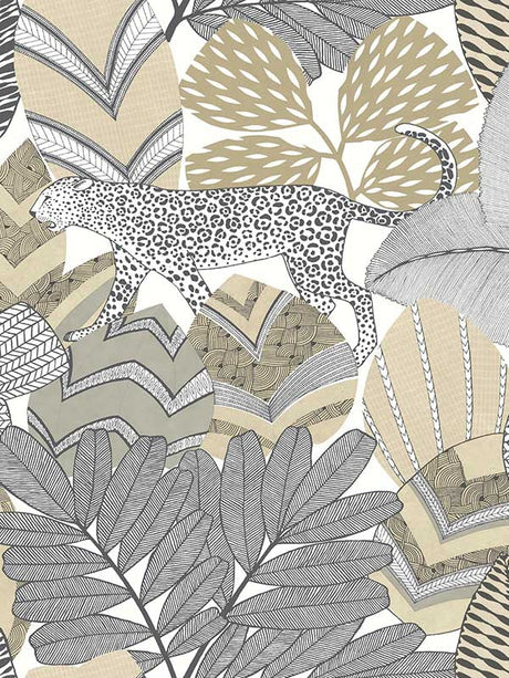 Antonina Vella AB3113 Namiri Neutral Wallpaper with wildcat and tropical leaves
