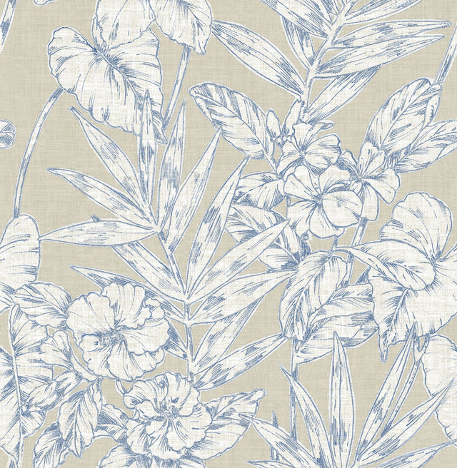 Fiji Navy Floral Wallpaper with Tropical Botanical Pattern, Traditional Style - A-Street Prints 2744-24107