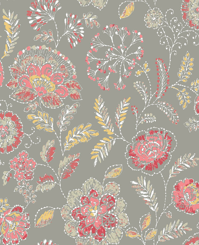 Tropez Coral Jacobean Wallpaper with Grey Ground and Coral Mustard Floral Motif - Brewster 2744-24108