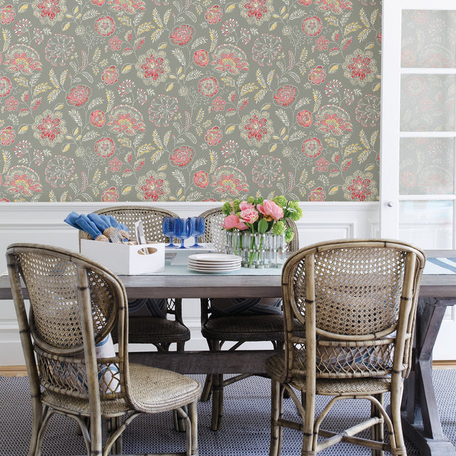 Tropez Coral Jacobean Wallpaper with Grey Ground and Coral Mustard Floral Motif - Brewster 2744-24108