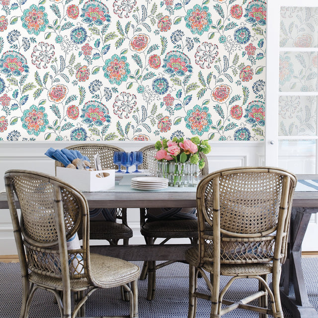 Tropez Teal Jacobean Wallpaper with Multicolor Floral Pattern, Transitional Style - Brewster 2744-24109